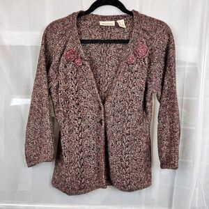 vintage y2k DKNY mixed knit cardigan sz Sm metallic rosette cottagecore braided
